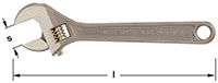 An adjustable-end bronze metal wrench with a grooved thumb wheel for adjusting the jaw width. Image shows wrench length and jaw size opening with measurement lines and a hole at the end of the handle for hanging, tethering or storage.